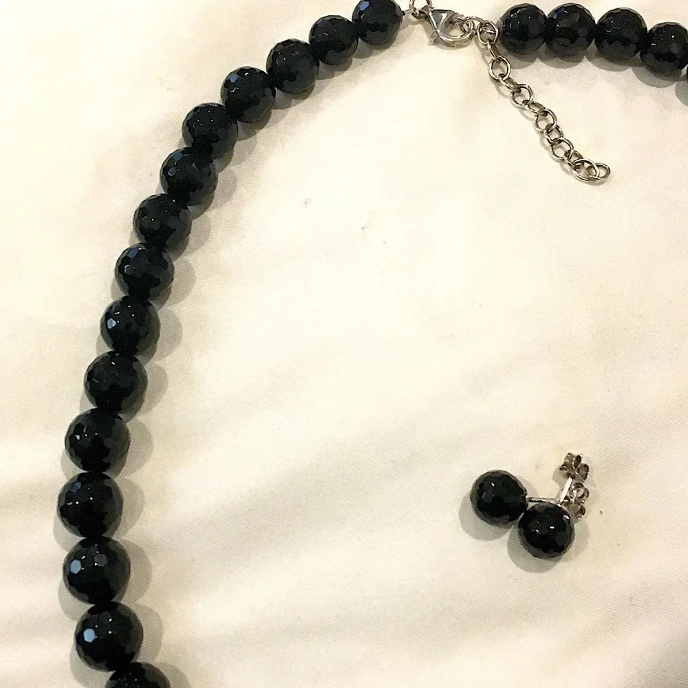Vintage Black Onyx Faceted Necklace & Faceted Onyx Sterling Silver Earrings Set